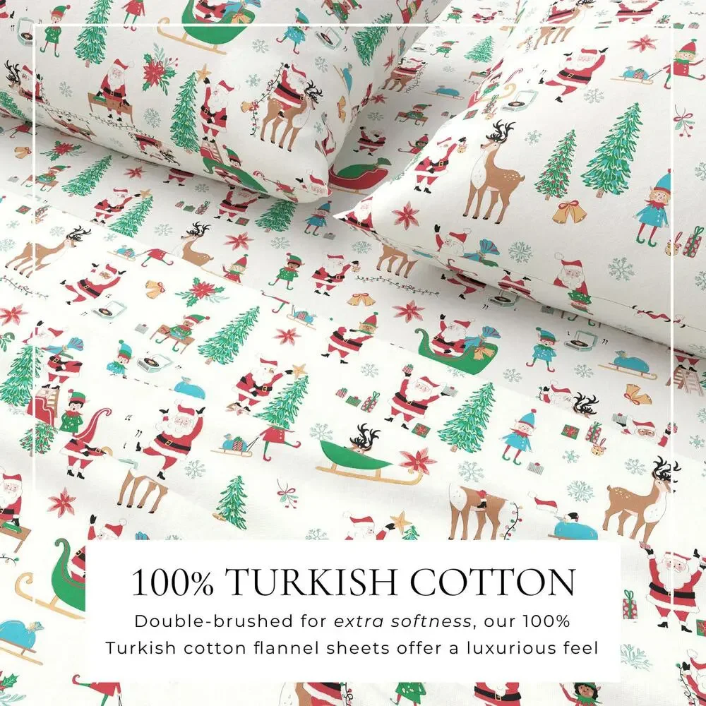 NEW! Turkish Cotton Christmas Flannel Sheet Whittaker Collection Twin Santa Joy